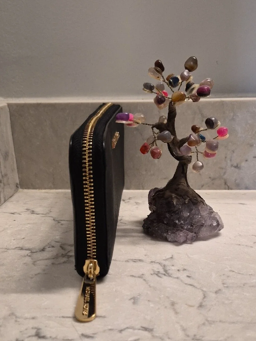 Michael Kors Black Zip-Around Saffiano Wallet with Gold Logo